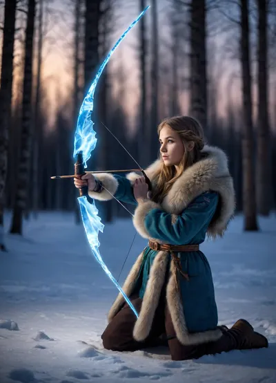 On the background, (Northern Lights), in the Siberian taiga, a beautiful woman hunter, in national fur clothing, (dynamics of movement), (shoots from a sparkling blue glow ice bow), right hand holds a tensioned bowstring. Full-length photo, full-length.