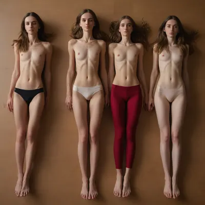 Photorealistic 8k hi-res, highly detailed, natural light, ((an overview of 5 very skinny women, tall, thin legs, thigh gap, small tits, cup A, narrow hips, hipbones, big vulva, long hair, different hair colors, slim, slender:1.8)), Women pretty but also next door neighbor type, natural, no make up, Dresses in thin low waisted yoga pants, ((All laying on the floor, legs spread:1.5)), smiling