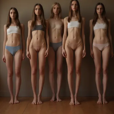 Photorealistic 8k hi-res, highly detailed, natural light, ((an overview of 5 very skinny women, tall, thin legs, thigh gap, small tits, cup A, narrow hips, hipbones, big vulva, long hair, different hair colors, slim, slender:1.8)), Women pretty but also next door neighbor type, natural, no make up, Dresses in thin low waisted yoga pants, All laying on the floor, legs spread