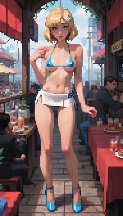 UHD 8K, extreme realism, maximum detail, (crowded restaurant:1.3), 20 year old athletic Belgian blonde, (straight shoulder-length hair:1.5), medium breasts, (tiny tight-fitting white microskirt:1.7), (high side slit:1.5), (extremely small bikini top:1.5), very attractive, naive smile, standing, front view, (incase style), pixel, art, pixelart, <lora:ratatatat74-000050:1.3>, <lora:outline_xl_kohaku_delta_spv5x:1.8>, <lora:cartoon_stickers_xl_v1:.6>, <lora:NEOTOKIOXL_0.2_RC:.4>, <lora:pixel_stormXL:.3>