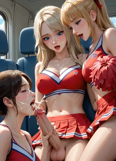 masterpiece, best quality, highly detailed, (anime:1.2), BREAK, (3 girls, close up focus on girls' faces getting facialized:1.2), ((3 gorgeous 25 year old white blonde cheerleaders on a bus)), 1 futanari, no panties, blonde hair, blue eyes, natural b cup tits, slim, athletic, gymnast body, bus, (red cheerleader skirt), (red cheerleader top pulled up revealing breasts, boobs out:1.2), pussy, (2girls jerking off futa's large erect cock, testicles, handjob, ejaculation, futa shoots cumshots all over girls' faces and hair, facial, cum in mouth:1.2), (2girls have naughty smiles as they are aroused by giving the futa a handjob, 2girls looking down at futa's large erect cock), ((futa moaning, aroused, intense orgasm, orgasm)), (futa moans out of sexual pleasure), <lora:Animated_Concept:1>