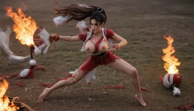 fighting pose, (solo), (Mai Shiranui costume:1.9), full body aerial view, (fire:1.8), standing, ((many fan:1.5)), ((very torn clothes:1.9)), bare feet, (shiny skin:1.7), (skinny:1.2), (big breasts:1.1), real face, field