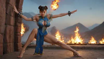 (solo), (Chun-Li costume:1.9), full body aerial view, (fire:1.9), standing, ((very torn clothes:1.9)), bare feet, (shiny skin:1.9), (big breasts:1.2), (beautiful face:1.5), (slender:1.2), land, sky, kick
