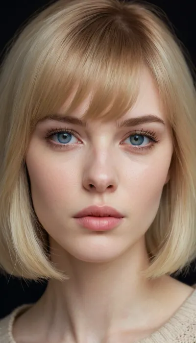 Close-up portrait of a young woman, (ethnicity russian:1.2), (age 22:1.2), (light blonde hair:1.2), (short haircut:1.1), (with bangs:1.1), (pale skin:1.2), (detailed skin texture:1.2), (sharp facial features:1.3), (serious/thoughtful:1.1), (Straight noseЖ1, 2), (prominent cheekbonesЖ1, 2), (light makeup:1.1), (blue eyes:1.2), (lips slightly parted:1.1), in the upper middle-right portion of the image, with dark background, studio lighting, photorealistic style, high detail, detailed eyes, realistic skin tones, close-up view, (sharp focus:1.2), neutral color palette, (light blush:1.1), (natural lighting:1.1), .