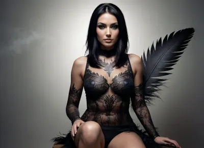 fullbody, woman 32 years old with short neck, very long black curvy hair, A double-exposure illustration in which a woman face is overlaid with raven feathers, blending human features with skin elements. she sits, #©KITTYART


#©KITTYART