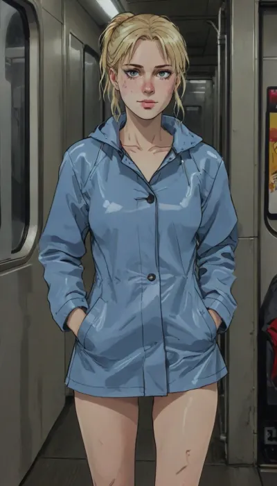 25 year old blonde girl, insanely hot blonde, long wet blonde hair, (wet hair:1.1), ponytails, blue eyes, cute freckles, (small flat breasts), (wearing very short blue wet raincoat and pumps), petite girl, perfect waist, skinny, slender, slim, freckled face, tight waist, cute chest freckles, perfect hands, perfect fingers, perfect anatomy, masterpiece, no underwear, (unbuttoned raincoat), (riding subway:1.3), (on crowded subway train:1.1), ENF, flashing one breast, sky, Source_anime, 80's anime style, (A detailed pencil drawing with clean lines and meticulous shading, sketch of a woman), drawing have delicate shading and intricate details, capturing the essence of the subject with fine pencil strokes, allowing the focus to remain on the portrait itself, drawing by NTY, v0ng44g, sk3tch, .8>, ratatatat74, <lora:sketch_it:1.1>, <lora:ratatatat74-000050:.8>, <lora:NEOTOKIOXL_0.2_RC:.8>