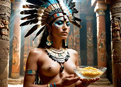 Aztec priestess, ((in a semi-transparent crystal temple)), face painted with ritual patterns, ritual Aztec headdress of feathers, beautiful semi-nude figure decorated with amulets, clutching an onyx bowl of water, in her left hand a golden cob of maize.