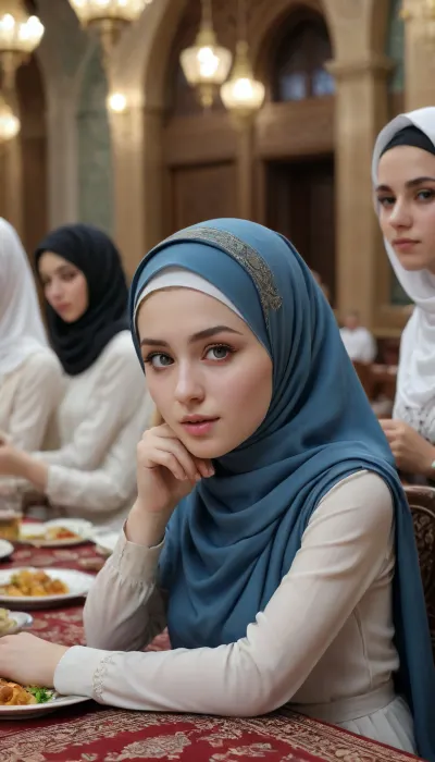 blowjob in front of Ramadan table, hijab girls sitting, pale skin, <lora:detailed_notrigger:1.5>, <lora:ahxl_v1:1>