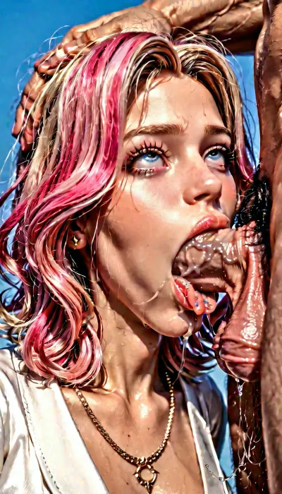 Professional super deep blowjob from a beautiful young girl of 18 years old with dyed pink hair. The girl skillfully invites a giant hypertrophied erect penis with her mouth completely. Super intense slobbering blowjob with a protruding tongue. A brutal man fucks the girl's mouth, shoving his penis into her mouth as deep as possible. Pushes her head onto his penis. Swallows the penis, slightly choking on it, her eyes water from the gag reflex. Active blowjob. Choking on a big dick. Irrumation.Very deep blowjob. Invites the cock with her mouth entirely. Extreme throat fucking, deep throat, intense blowjob, drooling from her mouth. The girl chokes on a big cock in her mouth that is inserted to the very base. She chokes on the cock, her eyes are watering and her makeup is leaking.