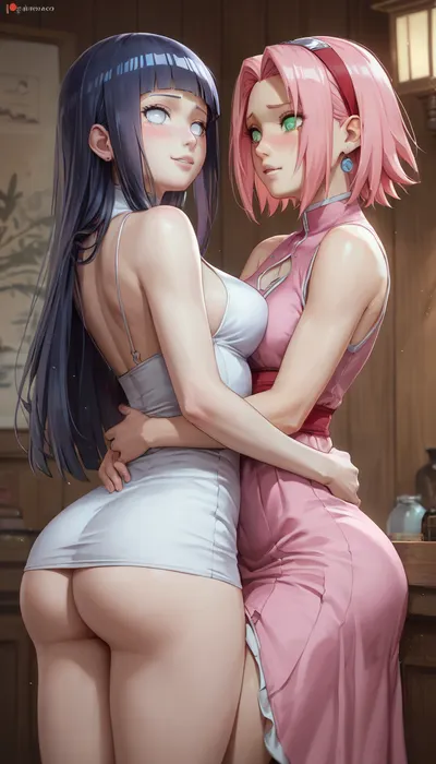 score_9, score_8_up, score_7_up, score_6_up, Naruto characters, (2girls), (Hyuuga hinata and Haruno Sakura), (Hinata Hyuuga, big ass, big boobs, long hair, blue hair, white eyes, white dress), (Haruno Sakura, slim ass, small boobs, short hair, green eyes, pink hair, pink dress), lesbian sex, <lora:merratatustle_illustrious_v1_vpred:.8>