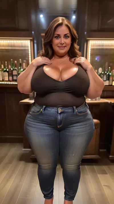 Photo of a pretty 50 year old mature woman with beautiful eyes, big butt, wide hips, huge thighs, very chubby, ((Nikon Z8)), realistic matte skin, skin texture visible, (sharp focus), (high quality), (face visible), ((Detailed Face and Eyes)), 8k high definition, ((Italian woman)), ((mid length brown hair)), ((stunningly beautiful woman)), ((sexy woman)), ((black loose thin low-cut v-neck t-shirt, jeans)), ((smiling)), ((leaning forward)), ((cleavage)), ((pokies)), ((pub background)), (((perfect lighting))), ((front view)), (((looking at viewer))), (((chubby face))), (((round face:1.2))), (RAW photo:1.2), (photorealistic:1.4), (masterpiece:1.4), (best quality:1.4), ultra high res, ((detailed facial features)), HDR, 8k resolution, depth of field, intricate details body, long range focus, long distance view, ((full body in frame:1.8)), ((full body view:1.8)), 8k professional modelshoot style high definition, full body visible, detailed face, round face, (whole body in frame), a realistically designed face, nipslip, wide, hips, big hips, saddlebags, pear shaped body, <lora:st-fs_v1.1:1.5>, <lora:RealDownblouse4:.5>, <lora:hips-10:.5>