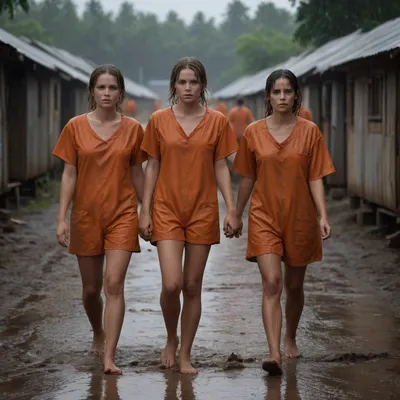The barefoot female prisoners in the prison camp walk through the mud between the huts in their short orange shorts and overalls with wet hair in the pouring rain.