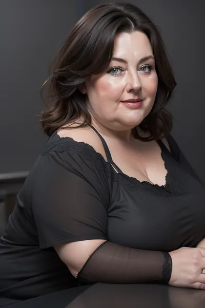(Close-up:1.3), portrait photo a mature chubby woman, fat huge bosom, fat round face, double chin, 60 years old Woman, blue eyes, dark blond layered haircut, strong jawline, seductive smile, looking at viewer, (solid dark grey background:1.3), eye level shoot, film grain, style by Flora Borsi, OverallDetail, downblouse, loose, t-shirt, leaning, forward, <lora:Lora_Srabonti2023-X4:.3>, <lora:downblouse-v1:.3>, <lora:weight_slider_v2:1.5>