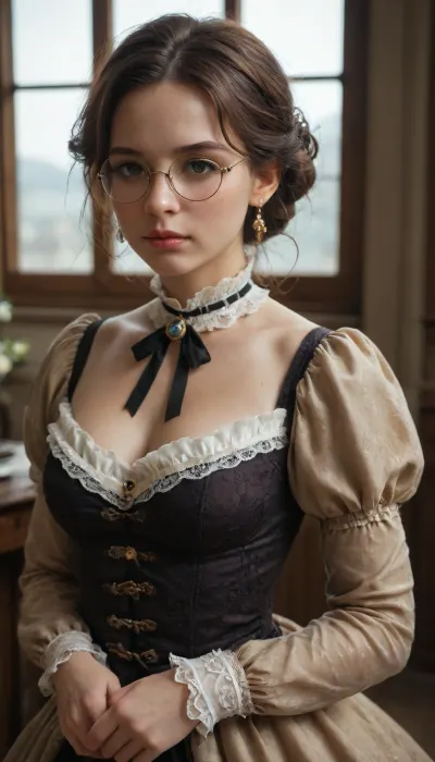 very beautiful girl, 18-year-old, Steampunk, round glasses, victorian dress