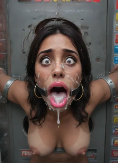 (25 years adult), (woman is stuck with her hips in a round hole with metal rim in a vending machine), (her bust is protruding from a round hole in the front of the vending machine:1.5), (stuck in hole with metal rim:1.3), (vending machine at night, slot for payment), (wide mouth spreader ring gag, gaping mouth:1.5), (leaning forward), (embarrassed, ashamed), (pleading expression:1.2), (terrified:1.6), (crying), (fear and panic:1.2), (box is low mounted, close to floor), (score_9, score_8_up, score_7_up, UHD 8K, masterpiece, best quality, maximum details, natural light, extreme realism, cinematic still), (huge penis:1.4), (she stares at erect penis in front of her face:1.3), (POV from above, she is looking up to viewer, submissive), (POV man standing and looking down, man stroking his big dick:1.1), (arms restrained to wall), (her arms left and right flat against the wall, multiple iron rings fixing her stretched arms against the wall:1.5), (POV standing man, looking down on her:1.2), (mouth wide open), (black hair), (Indian slut:1.8), (rich bitch:1.4), (dark brown skin:1.3), (tan lines), (iron rings restrain her arms to vending machine), (her arms are spread eagle against vending machine:1.8), (arms restrained with iron rings:1.8), (free-standing vending machine), (her face is covered in cum:1.6), (cum in her mouth:1.1), (bukkake, facial:1.3), (transparent liquid:1.2), (realistic cum), (wet face:1.2), (oily skin:1.5), (stuck with hips in a round hole with metal rim:1.6), (eyes wide open in horror:1.3), (her mouth serves only one purpose), (she's got a new job, she's a public cum dumpster), (pink glossy lips:1.3), (shocking pink lips, pink lipstick:1.5), (eerie lighting:1.3), (smeared lipstick:1.3)