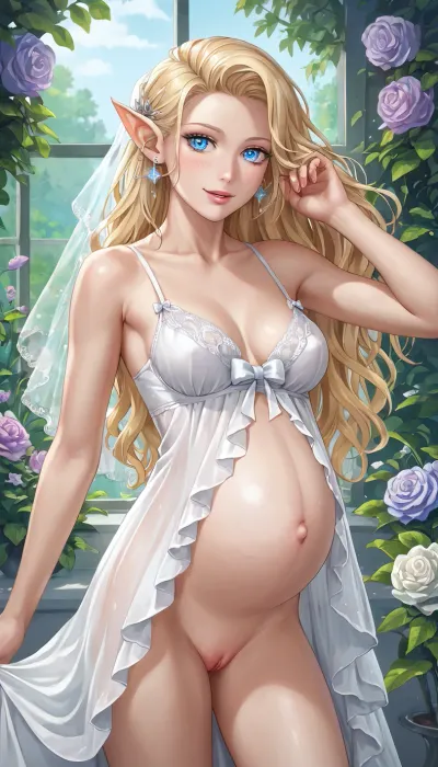 pregnant, negligee, wedding dress, shaved pussy, elven ears, Stunning skinny elven Women with super long blonde fluffy Hair, 20 years old, smileing, small boobs, white taint, blue eyes, 8K, highest quality, super detailed images, fine details, high resolution, staying in a beautiful garden