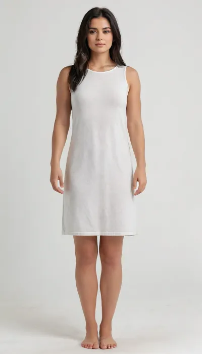 Young woman, black long straight haire, plump, plump shoulders, thick arms, Roundness of shapes, small breasts, barefoot, Below average height full body shot, centered in the frame, facing forward, photorealistic style, studio shot, simple white background, soft lighting, natural light, high detail, 8k resolution, smooth skin, digital painting., relaxed, mini, dress, <lora:BT_Relaxed_Mini_Dress_XL:.8>