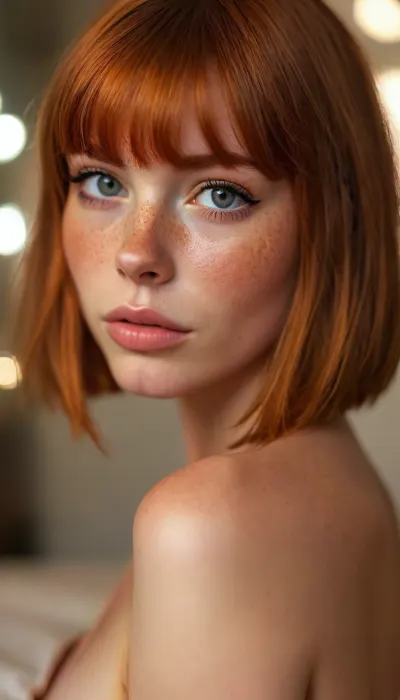 ziprealism, (intimate snapshot esthetic), (adorable woman, charming girlfriend, soft smile, warm loving gaze, bashful pose, cozy modern bedroom:1.2), (f/2.8, shallow depth of field, creamy bokeh, extreme face closeup shot, layered composition, strong vignette, focus on eyes:1.4), (vibrant ginger hair, blunt bangs hair, voluminous satiny hair, inverted Bob hair cut, A-line Bob hair cut, short hair, straight hair, hair framing face:1.8), (catchlights, sharp contrasting limbal rings, large expressive eyes, stunning eyes, perfect eyes, long delicate eyelashes), (soft facial features, subtle freckles:1.4), igbaddie, <lora:igbaddie-XL:.84>, <lora:MJ52:.4>, but, <lora:BUT_SDXL_SHS:.1>
