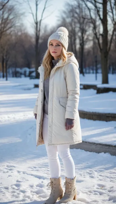 1girl, small breasts, blonde hair, low-tied long hair, blue eyes, looking away, worried, hands in pockets, white parka, white jeans, white boots, high heels, pom pom beanie, outdoors, winter, snow, park, city, snowing, bright sun, (masterpiece, best quality, absurdres, highres, newest, very awa)