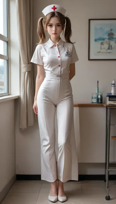 25 years old, beautiful, girl, nurse, tight trousers, full length, looking at the viewer, sexy, mega, twintails, big, hair, <lora:xl_mega_twintails-1.0:.5>