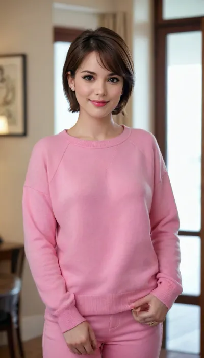 1girl, solo, mm, mature female, brown hair, black eyes, short hair, earrings, lipstick, anime coloring, pink sweater, pants, looking at viewer, smile, indoors, hand on own hip, masterpiece, best quality, amazing quality
