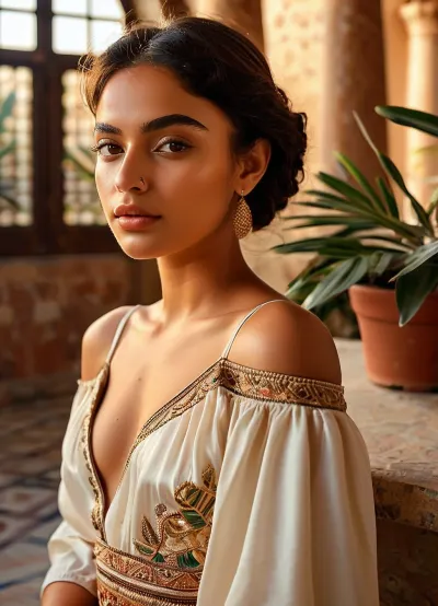 (masterpiece, best quality, ultra-detailed, photorealistic, HDR, golden-hour Mediterranean lighting), 18-year-old Egyptian girl Yasmine, Alexandria, striking hexagonal face with very prominent cheekbones, warm sand-toned skin with golden shimmer, high angular bone structure, elegant nose with gentle hump and delicate narrow nostrils, elongated amber eyes with cat-like outer corners, very thin curved brows with a slight gap along the arch, (ultra-glossy, medium straight lips:1.5), lips painted in nude gold gloss, subtle reserved smile, eyelids highlighted in bronze and emerald, rare long fine lashes, each lash and brow rendered with precision, soft golden blush on cheeks, (thick dark brown hair styled in a vintage wave tucked behind one ear:1.2), visible shoulders and upper chest in an off-shoulder ivory silk blouse with geometric embroidery, natural folds above the bust, art-deco style gold earrings, ambient light of an Alexandrian studio with tiled floor, potted palms, and large windows, correct anatomy, warm exotic color and clarity, <lora:MJ52:1>, <lora:SDXLHighDetail_v6-000005:.8>, <lora:Microwaist_XL_v01:.8>