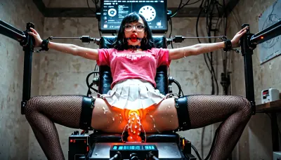 sidelight, cinematic_lighting, rim_light, frontlight, sexmachine, 1girl, sweat, 22yo, Chinese, straight bangs, long black hair, (stationary restraints), spread legs, outstretched arm, cum on body, (machine:1.2), display, in vitro vascular, insertion of wires into various parts of the body, black fishnet stockings, black garter belt, pink t-shirt, white pleated skirt, leather collar, black rimmed glasses, ball gag inserted in mouth, huge glowing dildo, zzy, in a living room of a mansion, highly detailed, <lora:sexmachine_XL_0_:1>, <lora:zzy_SDXL_1_:1>