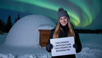 A snowy winter landscape with a igloo, dark sky with northern lights. A young blonde woman, scandinavian, nordic beauty, wearing a winter coat, bobble hat, gloves, smiling, holding a sign with text "TWO MONTH WITHOUT SUN, TWO MONTH OF BANGING ME".