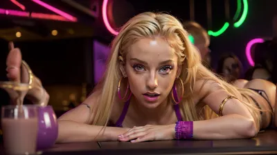 woman, full female portrait, ((18 years old)), ((gymnast figure)), ((skin with high detail)), high quality, detailed skin texture, (long blonde hair with high detail:1.4), (large breasts:1.3), ((slender body)), (realistic), (((night club, lying on the bar, purple lights, neon, perfect lighting, face))), soft focus, insanely detailed, top quality, ((stockings and heels:1.4)), (thin hips), laing, shaved pussy, ((hoop earrings)), pull out, 8k, hdr, <lora:pulld_3:.7>, <lora:weight_slider_v2:-1>, <lora:age_slider-LECO-v1:-2>