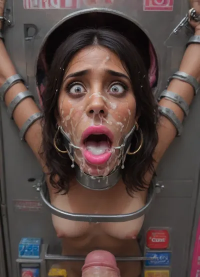 (40 years adult), (woman is stuck with her hips in a round hole with metal rim in a vending machine), (her bust is protruding from a round hole in the front of the vending machine:1.5), (stuck in hole with metal rim:1.3), (vending machine at night, slot for payment), (wide mouth spreader ring gag, gaping mouth:1.5), (leaning forward), (embarrassed, ashamed), (pleading expression:1.2), (terrified:1.6), (crying), (fear and panic:1.2), (box is low mounted, close to floor), (score_9, score_8_up, score_7_up, UHD 8K, masterpiece, best quality, maximum details, natural light, extreme realism, cinematic still), (huge penis:1.4), (she stares at erect penis in front of her face:1.3), (POV from above, she is looking up to viewer, submissive), (POV man standing and looking down, man stroking his big dick:1.1), (arms restrained to wall), (her arms left and right flat against the wall, multiple iron rings fixing her stretched arms against the wall:1.5), (POV standing man, looking down on her:1.2), (mouth wide open), (black hair:1.5), (Indian whore:1.8), (skinny slutty face:1.3), (dark complexion:1.3), (dark brown skin:1.3), (tan lines), (iron rings restrain her arms to vending machine), (her arms are spread eagle against vending machine:1.8), (arms restrained with iron rings:1.8), (free-standing vending machine), (her face is covered in cum:1.6), (cum in her mouth:1.1), (bukkake, facial:1.3), (transparent liquid:1.2), (realistic cum), (wet face:1.2), (oily skin:1.5), (stuck with hips in a round hole with metal rim:1.6), (eyes wide open in horror:1.3), (her mouth serves only one purpose), (she's got a new job, she's a public cum dumpster), (pink glossy lips:1.3), (shocking pink lips, pink lipstick:1.5), (eerie lighting:1.3), (smeared lipstick:1.3)