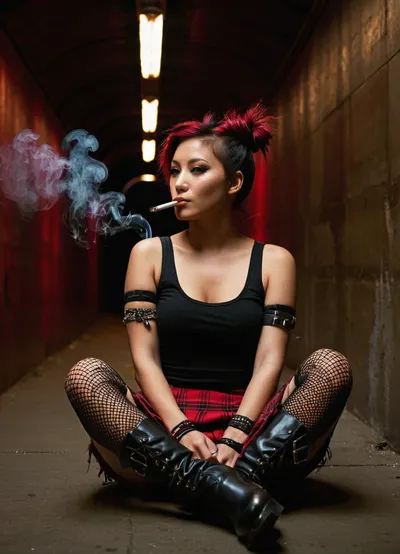 ((High-quality photograph of a punk rock girl)), (smoking a cigarette with smoke trails:1.3), sitting on the ground in a dimly lit pedestrian tunnel, (looking directly at viewer:1.1), ., (Subject, punk rock style, Asian, (female:1.2), messy bun, black tank top, red plaid mini skirt, black fishnet stockings, lace-up boots, multiple bracelets on wrist, red and black striped arm warmers, subtle makeup), (Overall composition, full body shot, low angle perspective, sitting pose with legs extended, slightly off-center subject, tunnel leading to background), (Art style, real photography, natural lighting, sharp focus, cinematic, hyperrealistic details, gritty street photography), (Lighting and atmosphere, dramatic shadow play, long tunnel with linear fluorescent lights on the ceiling, glowing from afar, low key lighting, moody atmosphere, cool blue and gray tones dominating the background), (contrasting with warm red and skin tones on the subject), (Technical details, shot on Canon EOS R, f/2.8, ISO 800, 35mm lens, depth of field, sharp details throughout, volumetric lighting in the tunnel), (Quality modifiers, masterpiece, best quality, ultra-detailed, photorealistic, cinematic lighting, complex details, ultra high resolution, professional photograph)
