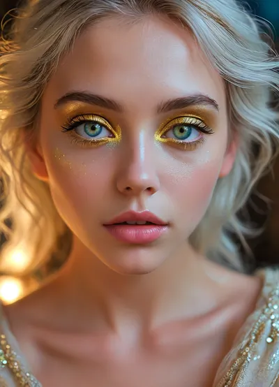 (masterpiece, best quality, ultra-detailed, photorealistic, HDR, fantasy portrait, extreme close-up), Aelith, feminine, young adult, face in soft diamond shape with symmetrical proportions, flawless deep sapphire-blue skin with subtle pearlescent glow, high sculpted cheekbones adorned with faint natural crystal-like patterns, elegant narrow nose with smooth bridge, full heart-shaped lips tinted in metallic blue gloss, (striking gold eyes with no visible pupils, glowing softly from within:1.5), long white lashes, soft arc of delicate silver brows, gentle serene smile, forehead and cheeks shimmer with iridescent highlight, elongated pointed ears, flowing silver-white hair with opal reflections, visible shoulders and upper chest in translucent silvery garment, background softly blurred with cosmic nebula colors and faint starlight, correct anatomy, luminous color and detail, five distinct non-fused fingers on each hand if visible, <lora:MJ52:1>, <lora:SDXLHighDetail_v6-000005:.8>, <lora:Microwaist_XL_v01:.8>