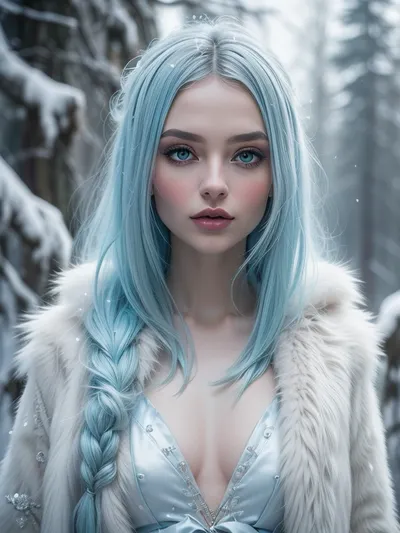 (amateur photo, snapshot aesthetic), 20000421.0, (((Very Petite girl))), A striking fantasy portrait of an elegant woman with ice-blue hair, her piercing eyes lined with shimmering blue makeup. A majestic snowy owl perches on her shoulder, mirroring her gaze with its own deep, intelligent eyes. She wears a luxurious faux-fur coat in a matching cyan hue, blending seamlessly into the cool-toned background. The soft lighting and icy atmosphere give the image an ethereal, mystical quality, as if she belongs to a world of winter magic and hidden…