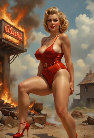 A pin-up style illustration of a young woman with a mid-20th century retro aesthetic. Full length. She has large expressive eyes, white skin, soft wavy fire elemental hair in a 1950s hairstyle, and a cheerful or playful expression.Sex bomb. Sexy granny. Obese overweight. old mature 75 years old, blonde, tan skin, glamour, super fat bbw, beautiful big blue eyes, neck lace, huge hoop earrings, necklace, bracelet, naught serious face, medium saggy tits, fat legs, tall, high heels, full body view, very thick legs, cellulite legs, lawyer, sexy skirt, at office, seated, the big boss, fancy office, domination, seduction, evil mature woman, very serious face, gold belt, super fat legs, sexy feet, crossed legs, high heels mule, Mohawk haircut, focus on feet and legs, ((very cellulite legs, cellulite, extremely thick legs)), photo from below, . ., (e.g. post-apocalyptic wasteland), . Illustration is rendered in traditional pin-up painting style, (like Gil Elvgren), with warm tones and gentle shading, sagging, fire, elemental, style, of, Art, Frahm, latex, matte, shiny, inflatable, <lora:sagging-000015:2>, <lora:RPGFireElementalXL:1.5>, <lora:tbh210-sdxl:1.5>, <lora:shinylatex-merged:2>