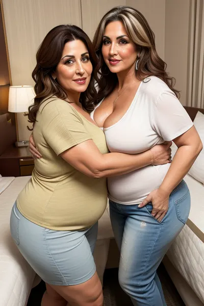 Full color high definition photo, two mature women, Armenian, brunette hair with highlights, obese, 60 years old, leaning forward, loose t-shirt, cleavage, big, hips, hotel room scene, mature, female, milf, motherly, with, pokies, sagging, breasts, Read, Description!, <lora:Real BBW V1:.2>, <lora:epiCRealismHelper:.5>