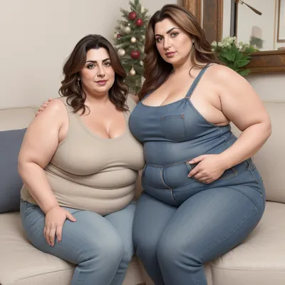 Full color high definition photo, two obese mature women, Armenian, light eyes, beautiful eyes, detailed eyes, looking at viewer, seductive, eye contact with viewer, the woman on the left has brunette hair with highlights, 60 years old, both women are wearing highwaist jeans, and sleeveless t-shirt, sitting on a couch, well lit interior scene, motherly, with, pokies, sagging, saggy, drooping, small sagging breasts, milf, <lora:epiCRealismHelper:.5>, <lora:Milf:.8>, <lora:mommyfy_V1:.5>, WeightChubby, WeightObese, WeightImmobile, <lora:Fat:.8>