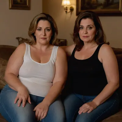 Full color high definition photo, two obese mature women, Armenian, light eyes, beautiful eyes, detailed eyes, looking at viewer, seductive, eye contact with viewer, the woman on the left has brunette hair with highlights, 60 years old, both women are wearing highwaist jeans, and sleeveless t-shirt, sitting on a couch, well lit interior scene, motherly, with, pokies, sagging, saggy, drooping, small sagging breasts, milf, <lora:epiCRealismHelper:.5>, <lora:Milf:.8>, <lora:mommyfy_V1:.5>, WeightChubby, WeightObese, WeightImmobile, <lora:Fat:.8>
