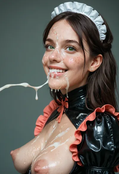 close shot of bukkake viewed from side, happy with shy smile, looking at viewer, hd dark green eyes and detailed cornea and iris, cumshots, (long straight hair), portrait picture of her face and breasts in cum facial, (wearing a pastel red frilly latex maids outfit), (saggy pointy breasts), (huge long puffy areola and nipples), with natural skin, excessive cum on her face, cum on her eyelashes, Cum on her eyelids, Cum on her cheek skin, cum in her mouth, her face wet with Cum, Cum on her lips. cum on her hair, woman, cum on face, (ellie aged 34), facialized, superfacialized, <lora:JustCum:.5>, <lora:facialized:.5>