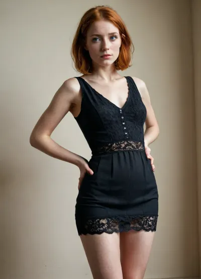 1girl, 25 years old, tall height, french, bob cut ginger hair, wasp waist, freckles, short black dress with laces, she is pulling down her panties to her hips, panties on hips, stokings, thin, slim, solo, huge blue eyes, perfect eyes, white pale skin, realistic, long slender legs, full height photo, exhausted, (eyes rolled back), tears, flattenedwomenbuzz, <lora:Flattened_Women-000007:.8>