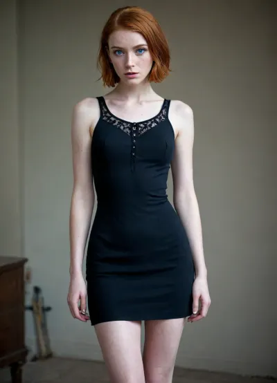 1girl, 25 years old, tall height, french, bob cut ginger hair, wasp waist, freckles, short black dress with laces, stokings, thin, slim, solo, huge blue eyes, perfect eyes, white pale skin, realistic, long slender legs, full height photo, tired face, exhausted, (eyes rolled back), tears, pale, skin, <lora:Pale_Skin_SDXL_v1.0:.8>, <lora:275493_training_data:1.1>