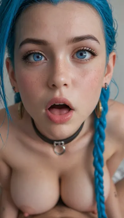 Long dark blue hair, blue eyes, freckles on face, beautiful face, earrings, feminine blush, long pigtails, gigantic round breasts, slave collar, hard nipples, massive breasts, narrow waist, pov of male, anal style, jinx, bright blue eyes, jinx from league of legends, (youthful face:1.5), gigantic boobs, anal sex, perfect teeth. passionate stunned and disorienting sex orgasm, close view of face, (Eyes open, disoriented, confused, moaning, orgasm:1.2)