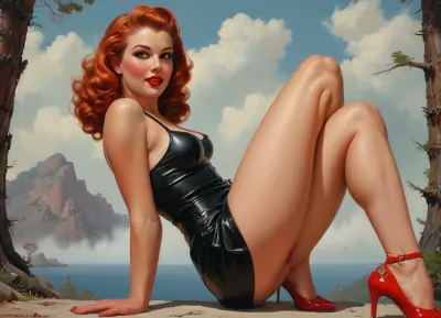 A pin-up style illustration of a young woman with a mid-20th century retro aesthetic. Full length. She has large expressive eyes, white skin, soft wavy fire elemental hair in a 1950s hairstyle, and a cheerful or playful expression. She is wearing classic leather BDSM clothing. Her body type is medium, with natural curves, no exaggeration, realistic proportions. She appears in dynamic or charming poses, reflecting mid-century pin-up art. The lighting is soft and vintage-inspired, with a clean background or stylized setting appropriate to the theme, (e.g. post-apocalyptic landscape), . Illustration is rendered in traditional pin-up painting style, (like Gil Elvgren), with warm tones and gentle shading, sagging, style, of, Art, Frahm, latex, matte, shiny, inflatable, ball, gag, spider, bit, ring, <lora:sagging-000015:2>, <lora:tbh210-sdxl:1.5>, <lora:shinylatex-merged:2>, <lora:gagged-4e:1>
