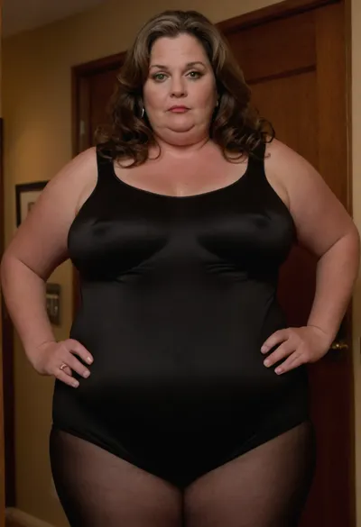 (Obese:1.3), ssbbw Woman, 65 years old, mature, married, MILF, fat, medium breasts, wide, big hips, long wavy dark hair with highlights, defined beautiful eyes, slutty, housewife, (wearing a tight black leotard), (entering the room), braless, Wearing, clothes, that, make, sense, with, Braless>, <lora:bralessSDXL_v1_00022:.8>, huge fupa