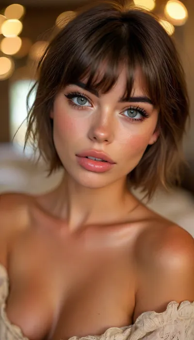 ziprealism, (intimate snapshot esthetic, French inspired, stunning French woman, cozy French bedroom), (adorable woman, soft smile, warm loving gaze, bashful pose:1.2), (f/2.8, shallow depth of field, creamy bokeh, extreme closeup shot, tight headshot, intimate facial portrait, Dutch Angles, focus on eyes:1.6), (glossy ink black hair, blunt bangs hair, thick voluminous hair, inverted bob cut hair, chic short hair, loose hair framing face:1.4), (catchlights, limbal rings, large expressive eyes, stunning eyes, perfect eyes, long delicate eyelashes), (classic French facial features, flawless porcelain skin), igbaddie, but, <lora:igbaddie-XL:.4>, <lora:MJ52:.8>, <lora:BUT_SDXL_SHS:.1>