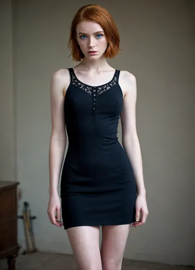 1girl, 25 years old, tall height, french, bob cut ginger hair, wasp waist, freckles, short black dress with laces, stokings, thin, slim, solo, huge blue eyes, perfect eyes, white pale skin, realistic, long slender legs, full height photo, tired face, exhausted, (eyes rolled back), tears, pale, skin, <lora:Pale_Skin_SDXL_v1.0:.8>, <lora:275493_training_data:1.1>