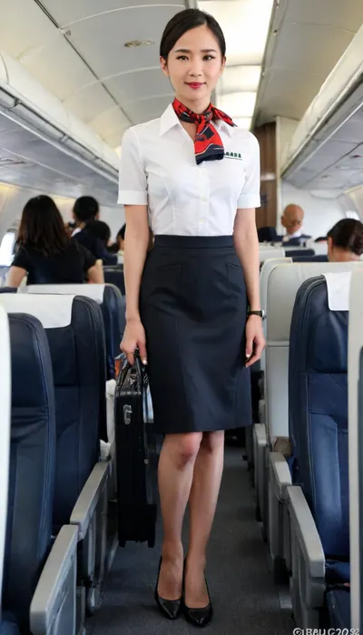 (in flight:1.4), (1girl, asian face, chinese, east asian stewardess), (slender long legs, 175 cm:1.2), (white short sleeve shirt open revealing white bra:1.3), (dark skirt, stewardess black shoes:1.2), (white sexy bra:1.3), (standing dragging a black suitcase:1.2), (Chinese stewardess short hair style:1.1), (without makeup:1.2), black hair, stewardess scarf, show, podium, walks, posing, kongjie, alitalia_woman_wrist watch, alitalia_woman_skirt, alitalia_woman_white_shirt_short_sleeves, alitalia_woman_dress, alitalia_red_waistcoat, alitalia_red_silk_scarf, alitalia_blue_silk_scarf, alitalia_woman_suitcase, flight, attendant, stewardess, steward, liushishi, woman, japantraininterior, train, interior, multiple, girls, boys, crowded, <lora:MaybeBetterFaceInFullBodyLora_XL_rev3:1.5>, <lora:alitfina100Ep:.5>, <lora:liushishi_noej_JuggXL_2-000015:.5>, <lora:Japanese_Train_Interior:.5>