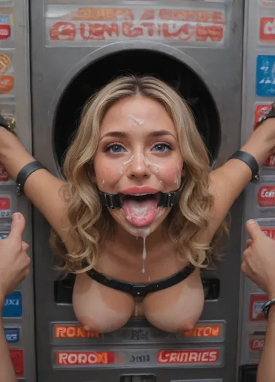 (40 years adult), (very happy:1.5), (woman is stuck with her hips in a round hole with metal rim in a vending machine), (her bust is protruding from a round hole in the front of the vending machine:1.5), (stuck in hole with metal rim:1.3), (vending machine at night, slot for payment), (wide mouth spreader ring gag, gaping mouth:1.5), (leaning forward), (wide smile:1.5), (showing thumbs up:1.5), (she needs it, pleading expression:1.2), (box is low mounted, close to floor), (score_9, score_8_up, score_7_up, UHD 8K, masterpiece, best quality, maximum details, natural light, extreme realism, cinematic still), (huge penis:1.4), (she stares at erect penis in front of her face:1.3), (POV from above, she is looking up to viewer, submissive), (POV man standing and looking down, man stroking his big dick:1.1), (arms restrained to wall), (her arms left and right flat against the wall, multiple iron rings fixing her stretched arms against the wall:1.5), (POV standing man, looking down on her:1.2), (mouth wide open), (dirty blonde Swedish woman, freckles, tanned), (tan lines), (iron rings restrain her arms to vending machine), (her arms are spread eagle against vending machine:1.8), (arms restrained with iron rings:1.8), (free-standing vending machine), (her face is covered in cum:1.6), (cum in her mouth:1.1), (bukkake, facial:1.3), (freckles, skin impurities), (transparent liquid:1.2), (realistic cum), (wet face:1.2), (oily skin:1.5), (stuck with hips in a round hole with metal rim:1.6), (long blonde hair, elegantly styled hair, long wavy hair:1.5), (eyes wide open in awe:1.3), (her mouth serves only one purpose), (she's got a new job, she's a public cum dumpster), (pink glossy lips:1.3), (shocking pink lips, pink lipstick:1.5), (eerie lighting:1.3), (smeared lipstick:1.3), (thick bimbo botox lips:1.5)