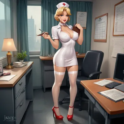 (((1woman, reiq style, colored, cartoon, very happy, very big smile, white nurse uniform, very short dress, doctor office with desk and chair, (eye contact, looking at viewer, covered nipples, holding clipboard), full body, shoulder height, partial profile))), voluptuous, plump, curvy, big waist, no underwear, bald pussy, 40 year old milf, big hips, big ass, very deep cleavage, revealing top, big hard nipples, huge tits, nurse outfit, white stockings, garter belt, black rimmed glasses, red high heels, kouartist, novuschroma, outline, PEHighContrast, Simple, Background, high, Contrast, <lora:outline_xl_kohaku_delta_spv5x:2>, <lora:kou10-000010:2>, <lora:105_novuschroma_1:2>, <lora:sdxl_lora_outline-000016:2>, <lora:PE_HighContrastStyleV1:2>