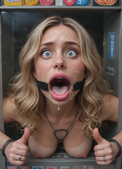 (40 years adult), (woman is stuck with her hips in a round hole with metal rim in a vending machine), (her bust is protruding from a round hole in the front of the vending machine:1.5), (stuck in hole with metal rim:1.3), (vending machine at night, slot for payment), (wide mouth spreader ring gag, gaping mouth:1.5), (leaning forward), (smiling), (showing thumbs up:1.5), (she needs it, pleading expression:1.2), (box is low mounted, close to floor), (score_9, score_8_up, score_7_up, UHD 8K, masterpiece, best quality, maximum details, natural light, extreme realism, cinematic still), (huge penis:1.4), (she stares at erect penis in front of her face:1.3), (POV from above, she is looking up to viewer, submissive), (POV man standing and looking down, man stroking his big dick:1.1), (arms restrained to wall), (her arms left and right flat against the wall, multiple iron rings fixing her stretched arms against the wall:1.5), (POV standing man, looking down on her:1.2), (mouth wide open), (dirty blonde Swedish woman, freckles, tanned), (tan lines), (iron rings restrain her arms to vending machine), (her arms are spread eagle against vending machine:1.8), (arms restrained with iron rings:1.8), (free-standing vending machine), (her face is covered in cum:1.6), (cum in her mouth:1.1), (bukkake, facial:1.3), (freckles, skin impurities), (transparent liquid:1.2), (realistic cum), (wet face:1.2), (oily skin:1.5), (stuck with hips in a round hole with metal rim:1.6), (long blonde hair, elegantly styled hair, long wavy hair:1.5), (eyes wide open in awe:1.3), (her mouth serves only one purpose), (she's got a new job, she's a public cum dumpster), (pink glossy lips:1.3), (shocking pink lips, pink lipstick:1.5), (eerie lighting:1.3), (smeared lipstick:1.3), (thick bimbo botox lips:1.5)