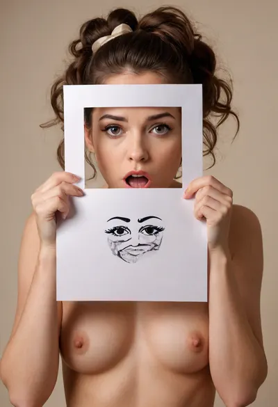 COPYRIGHT, A coquettish adult woman holding up a white paper with a "☠" drawn on it. She is holding the paper in front of her face with both hands and is covering her mouth with her hands. Elaborate hairstyle, lingerie, movements, hips. soft textures, serious expression on her face. beige background. /©KlTTY-ART





/©KlTTY-ART/